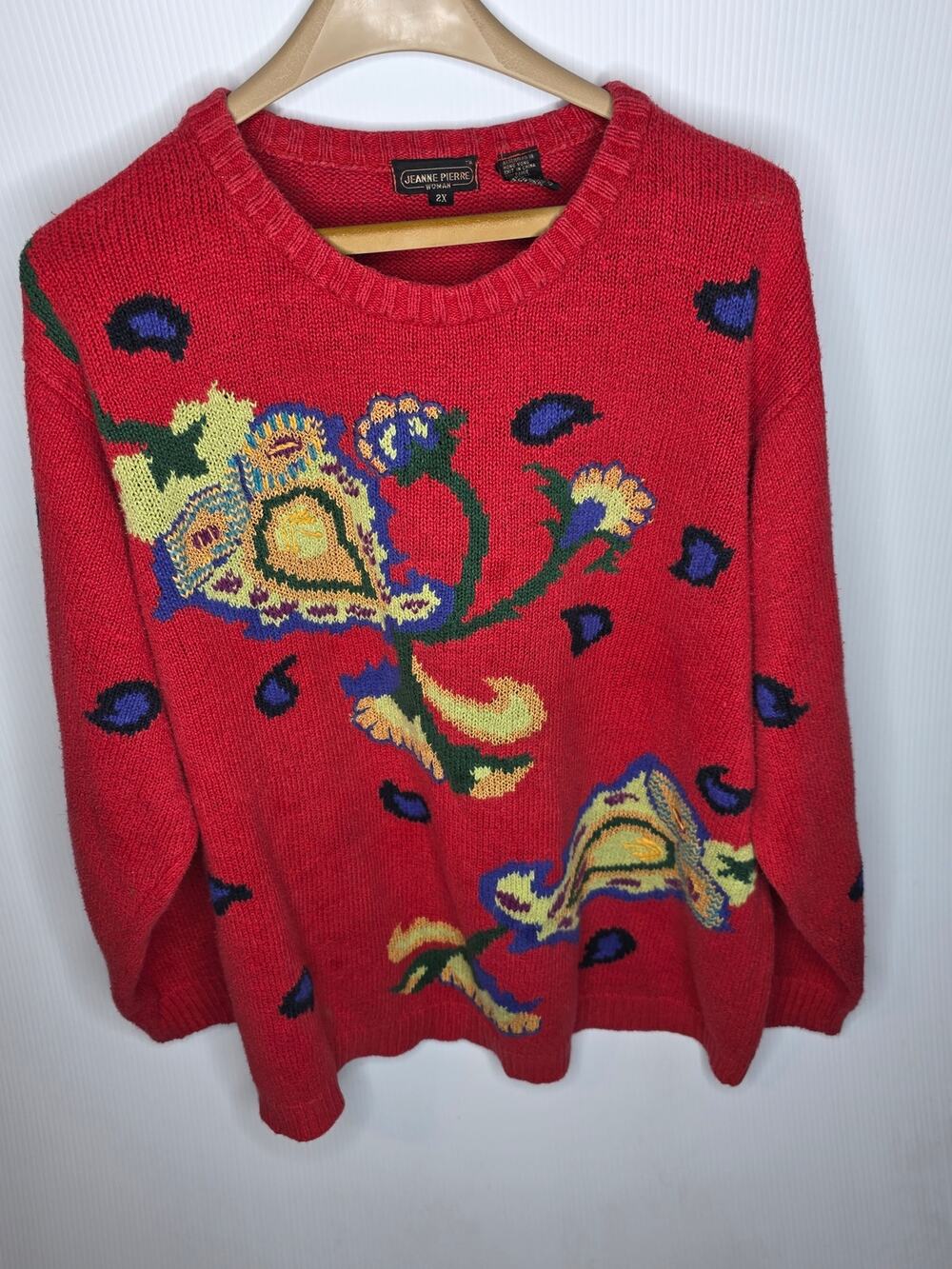 Jeanne Pierre Size 2X Red Paisley Floral Knit Pullover Sweater cottagecore Cozy